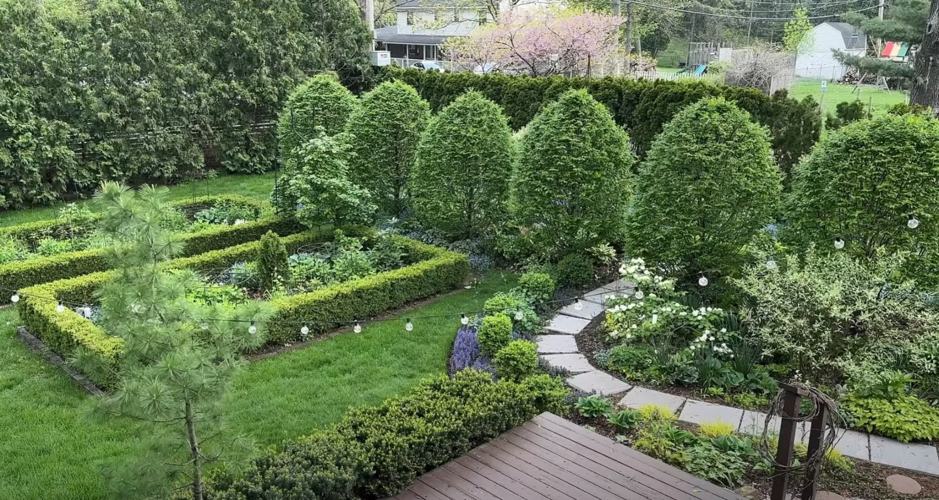 Complete Landscaping Services - Lawn Care and Garden Design Aerial view of professionally landscaped backyard with manicured lawns, garden beds, and stone pathways